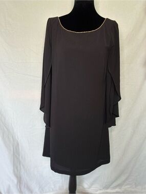 Jessica Simpson Bow Back Black Cocktail Dress Gold Trim Neck Sz 6 Cape Sleeve